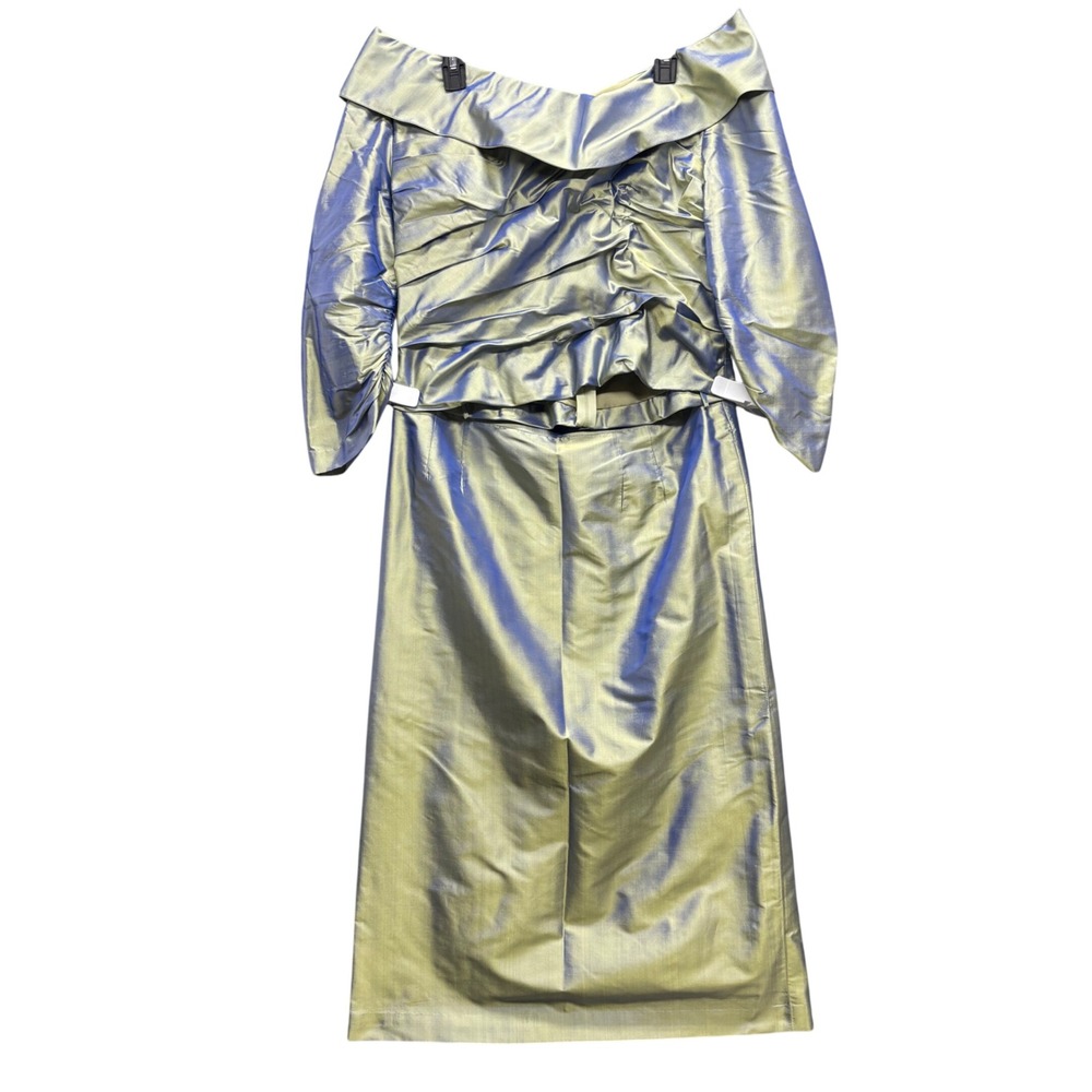 Marisa Baratelli Green Iridescent Thai Silk 2 Piece Set Ruched Top Skirt Size 14